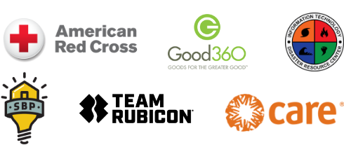Logos for American Red Cross, Good360, Information Technology Disaster Resource Center, SBP, Team Rubicon and CARE